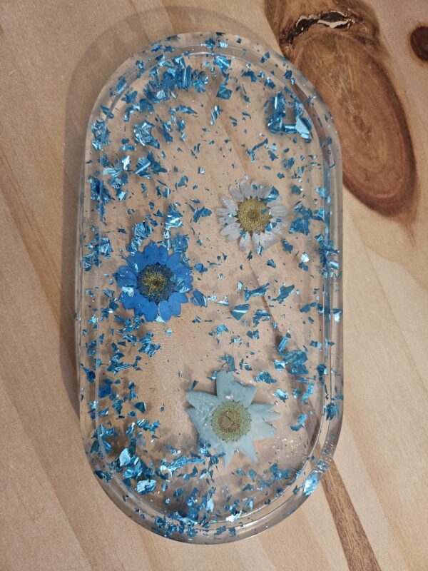 Vide poche ovale feuille turquoise fleurs bleue en résine epoxy