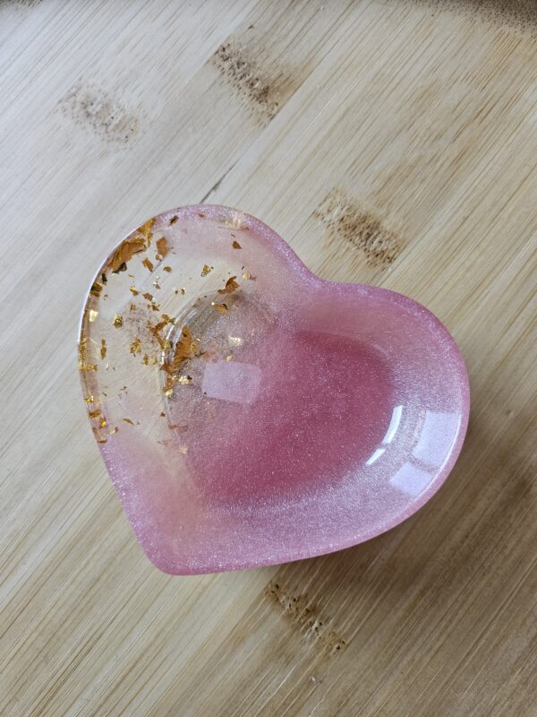 vide poche coeur rose et feuille dorée en résine epoxy